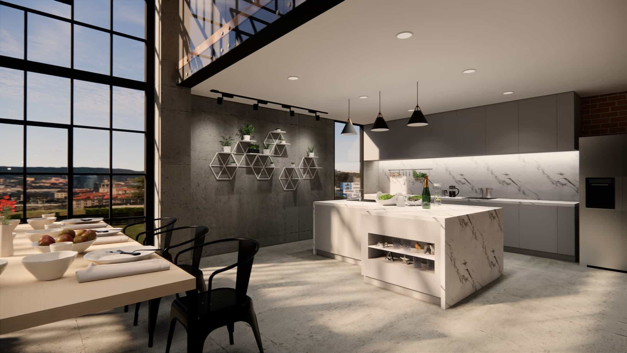 Modern loft kitchen with double-height windows